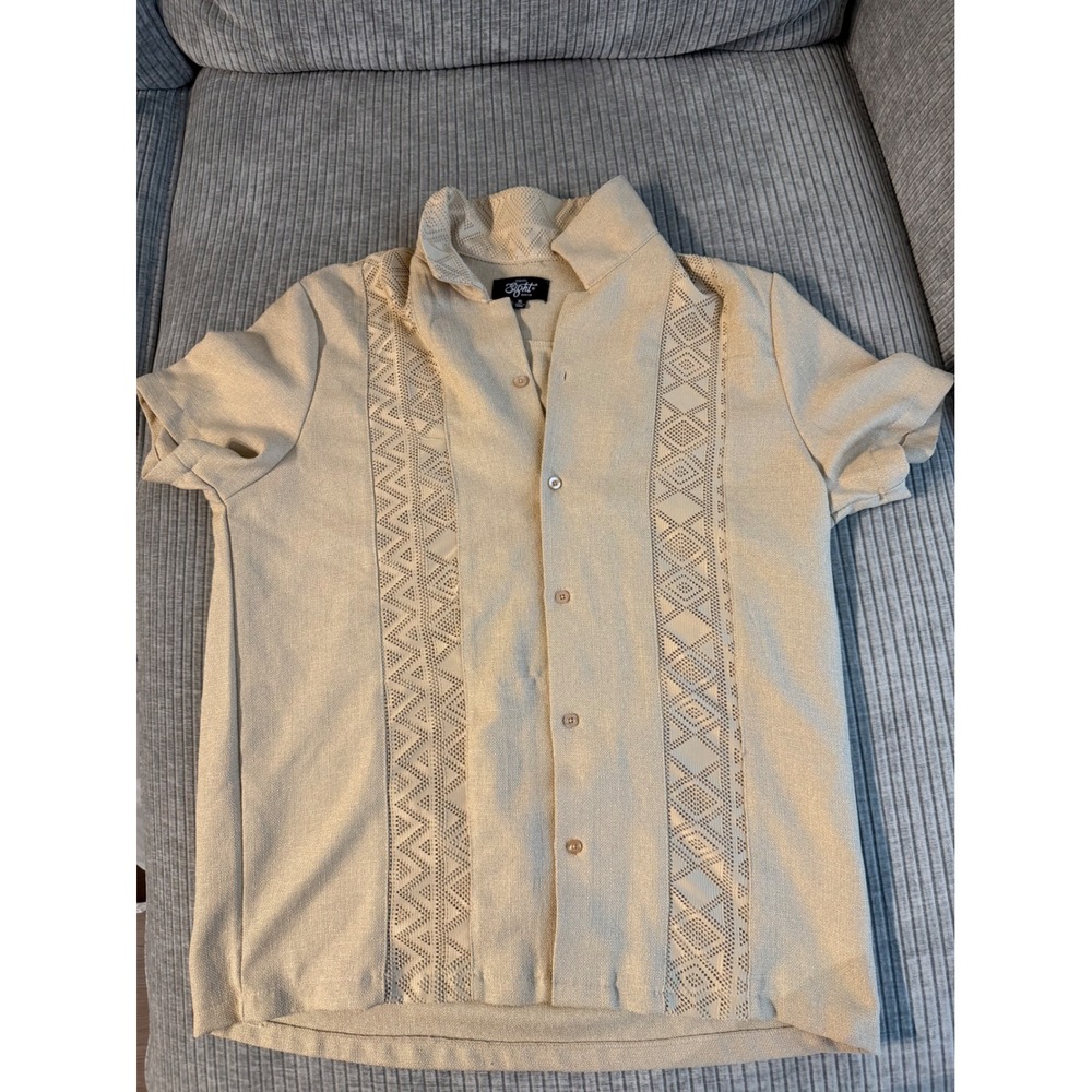 Eighty Eight Brand Mens XL Tan Embroidered Short Sleeve Cabana Shirt Beige Knit